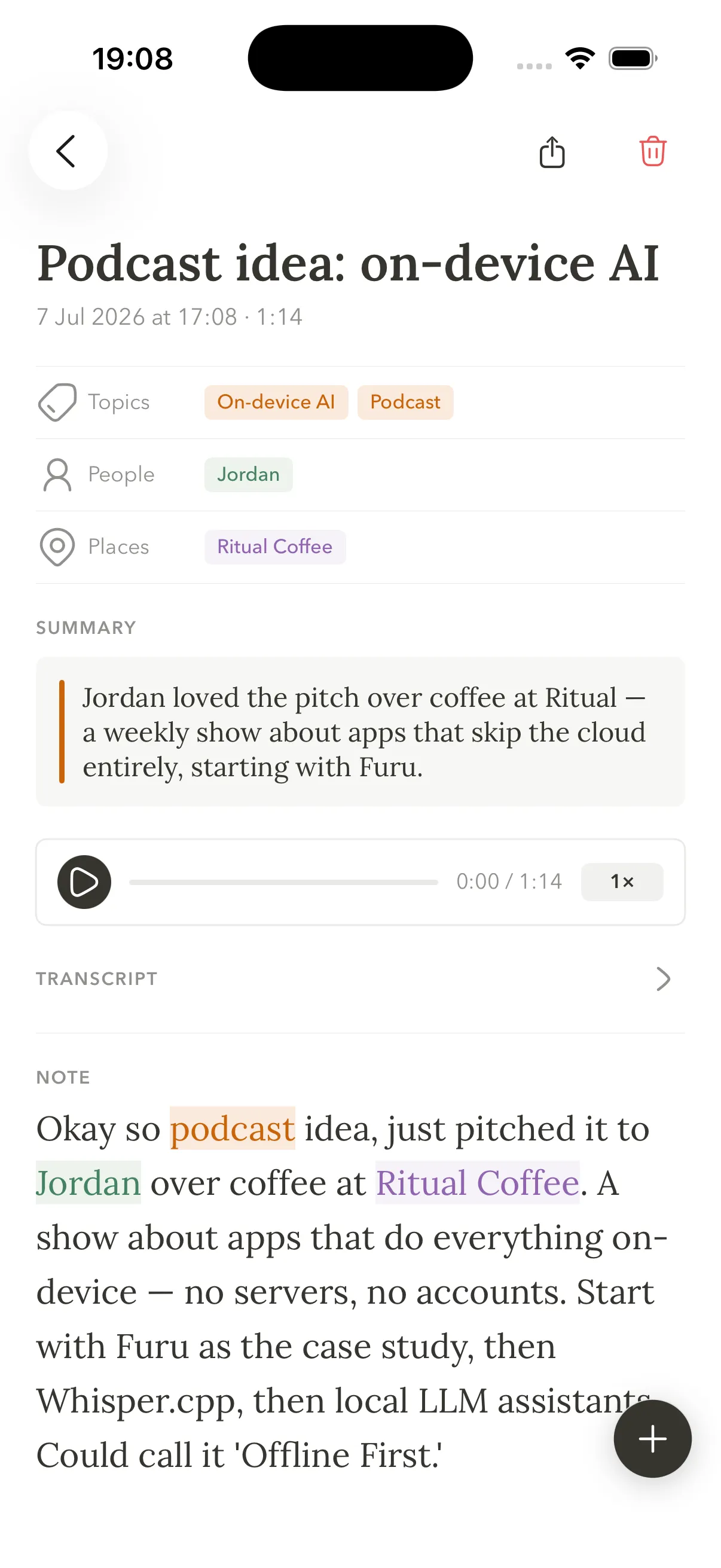 A note in Furu: transcript, AI summary and tags