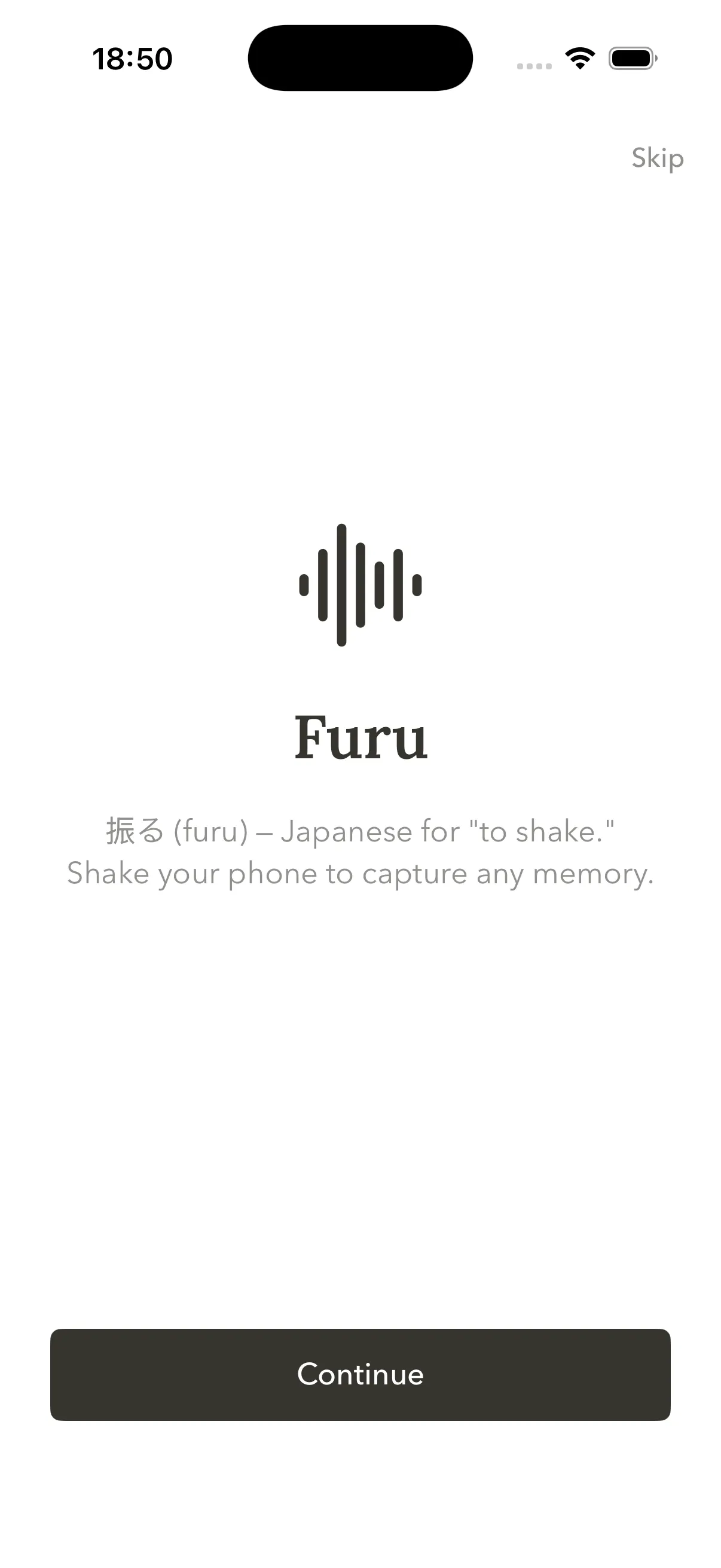 Furu welcome screen: your memories, one shake away