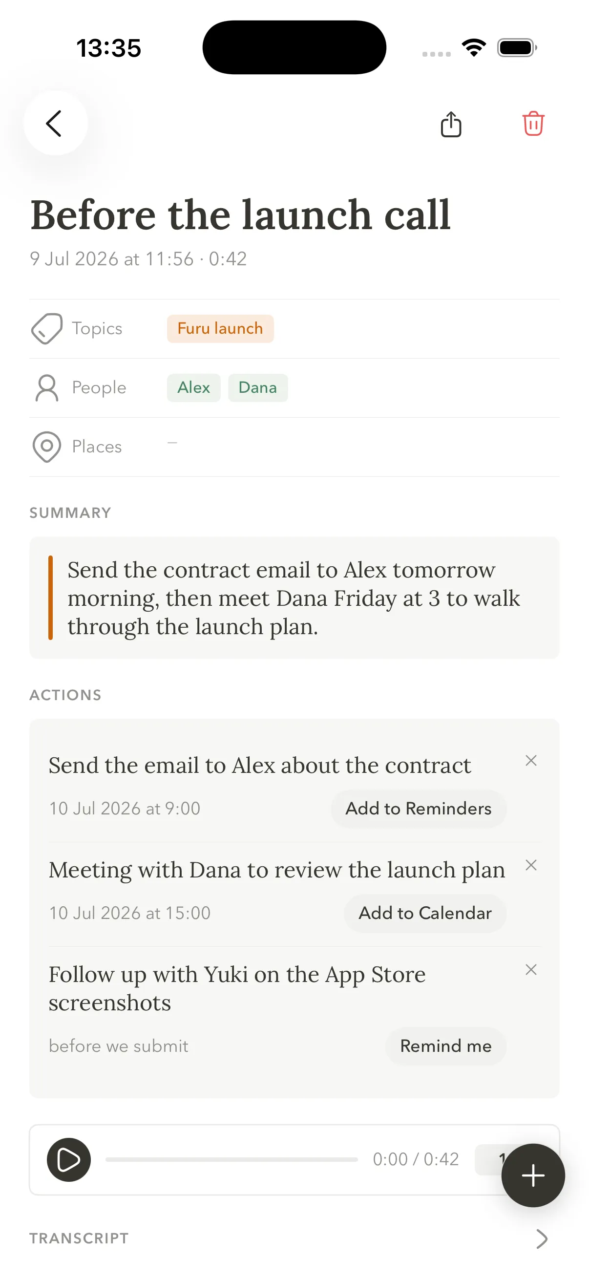 Furu ACTIONS card: detected tasks and events with Add to Calendar and Add to Reminders buttons